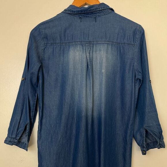 Song of Style Chambray Dress Blue Denim Lace Up Front Roll Up Tab Sleeves Small - Picture 6 of 9